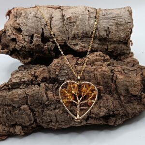 COLLARES DE ACERO INOXIDABLES BAÑADOS EN ORO ARBOLES DE CORAZON CON PIEDRAS NATURALES CUARZO CITRINO