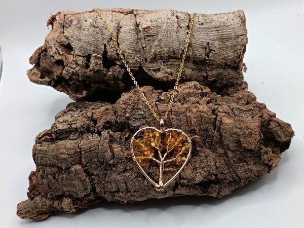 COLLARES DE ACERO INOXIDABLES BAÑADOS EN ORO ARBOLES DE CORAZON CON PIEDRAS NATURALES CUARZO CITRINO