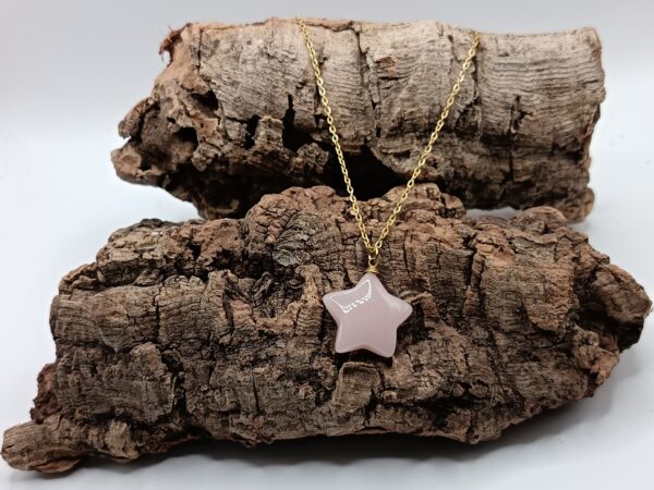 COLLARES DE ACERO INOXIDABLES BAÑADOS EN ORO ESTRELLAS CUARZO ROSA