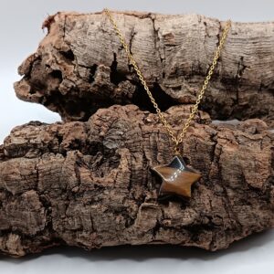 COLLARES DE ACERO INOXIDABLES BAÑADOS EN ORO ESTRELLAS OJO DE TIGRE