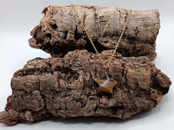 COLLARES DE ACERO INOXIDABLES BAÑADOS EN ORO ESTRELLAS OJO DE TIGRE