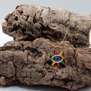 COLLARES DE ACERO INOXIDABLES BAÑADOS EN ORO OJOS TURCOS TRICOLOR
