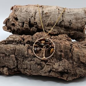 COLLARES DE ACERO INOXIDABLES BAÑADOS EN ORO ARBOL DE LA VIDA REDONDO OJO DE TIGRE
