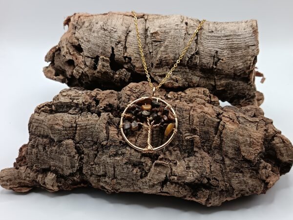 COLLARES DE ACERO INOXIDABLES BAÑADOS EN ORO ARBOL DE LA VIDA REDONDO OJO DE TIGRE