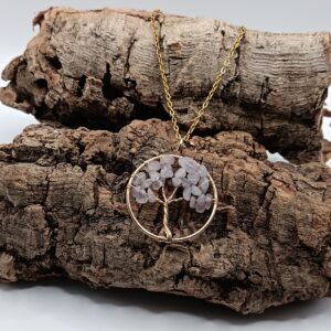 COLLARES DE ACERO INOXIDABLES BAÑADOS EN ORO ARBOL DE LA VIDA REDONDO CUARZO ROSA
