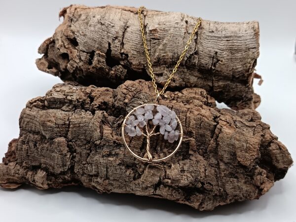 COLLARES DE ACERO INOXIDABLES BAÑADOS EN ORO ARBOL DE LA VIDA REDONDO CUARZO ROSA
