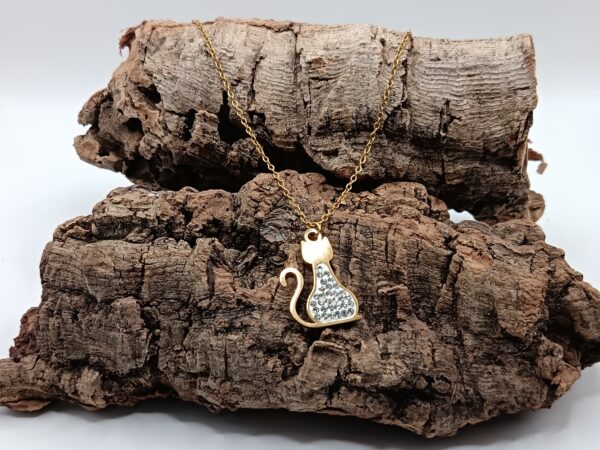 COLLARES DE ACERO INOXIDABLES BAÑADOS EN ORO GATO CON CIRCONITAS