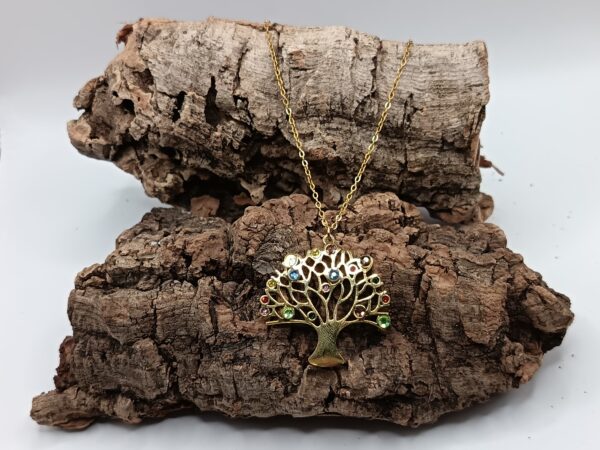 COLLARES DE ACERO INOXIDABLE BAÑADOS EN ORO ARBOL DE LA VIDA CON CIRCONITA DE COLORES